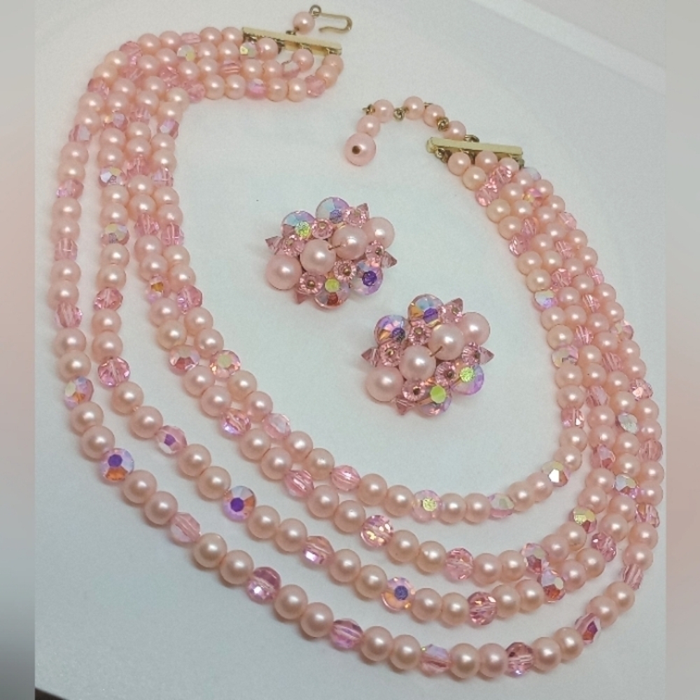 * Vintage Pink Aurora Borealis & Faux Pearl Necklace & Clip On Earrings SET